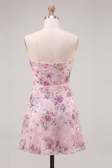 Trägerloses Rosa A-Linie Blumen Pailletten Kurzes Abendkleid