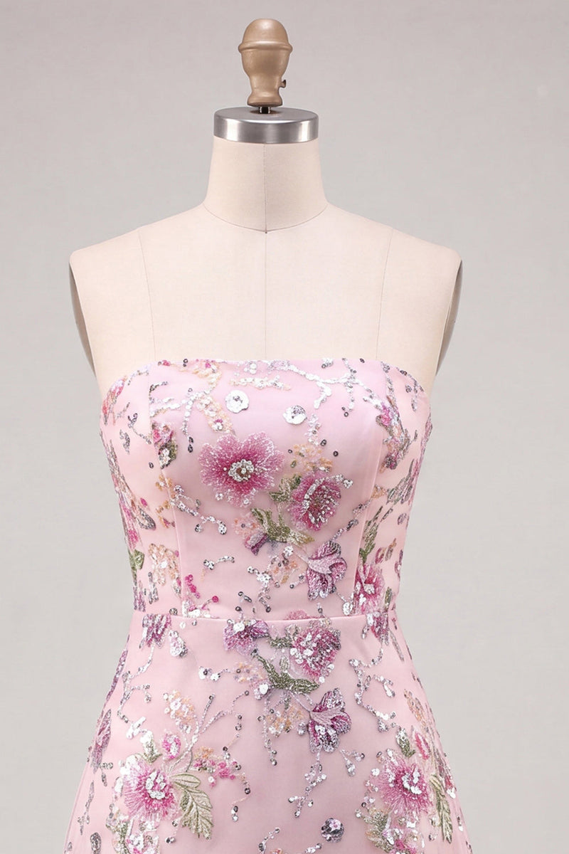 Laden Sie das Bild in den Galerie-Viewer, Trägerloses rosa A-Line-Blumenpailletten-Homecoming-Kleid