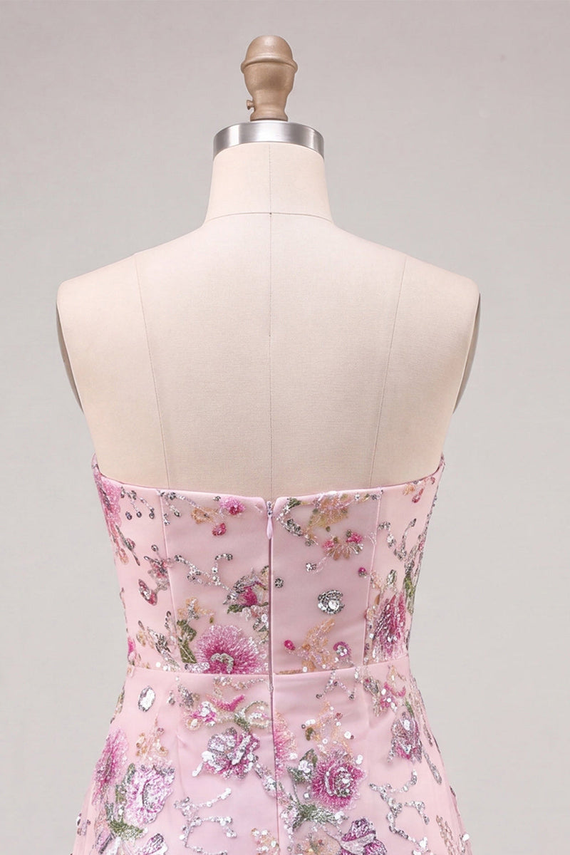 Laden Sie das Bild in den Galerie-Viewer, Trägerloses rosa A-Line-Blumenpailletten-Homecoming-Kleid