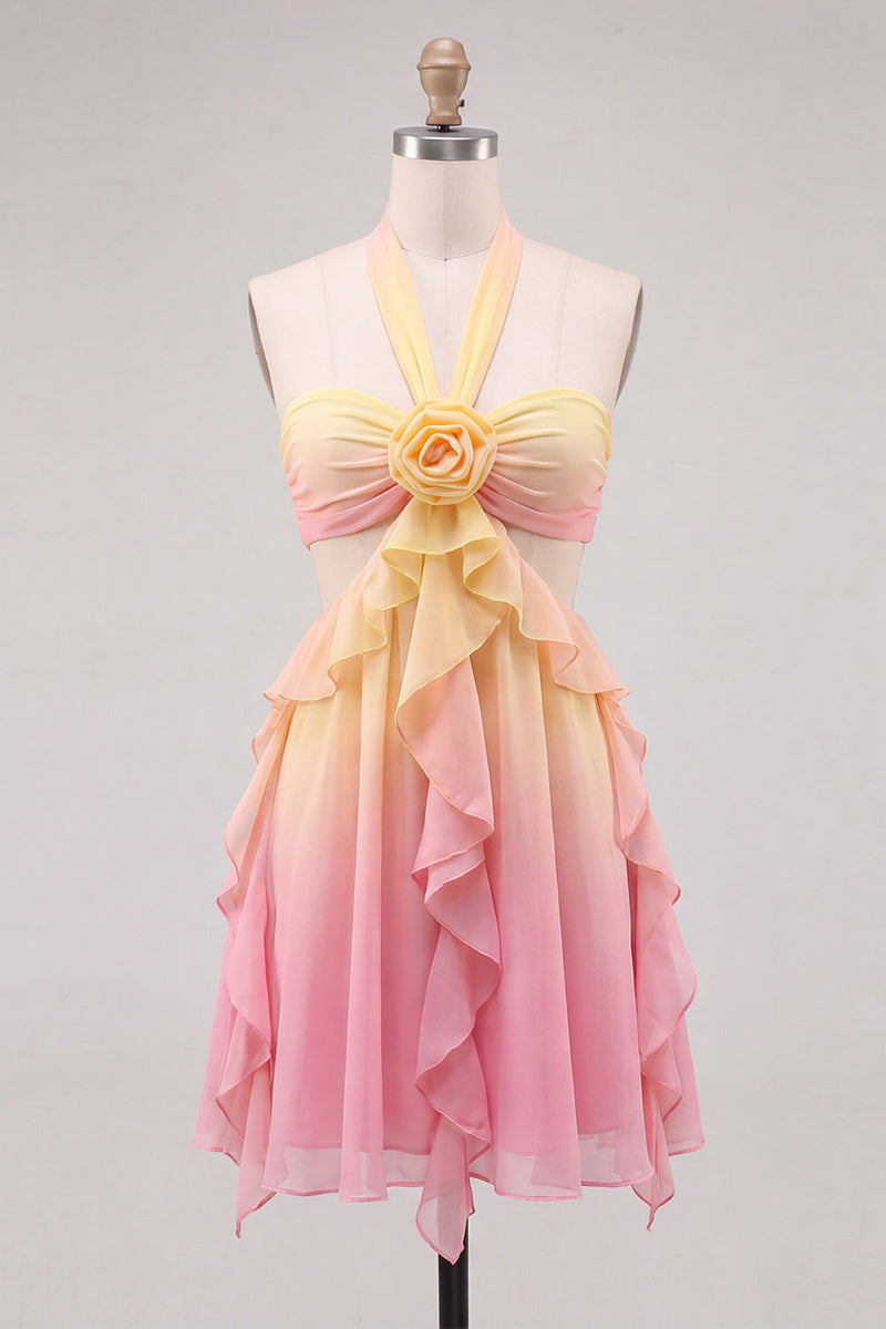 Laden Sie das Bild in den Galerie-Viewer, Gelbes und pinkes A-Linien-Chiffon mit Rüschen und Halterhals-Homecoming-Kleid mit 3D-Blume