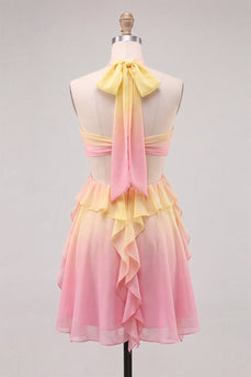 Gelbes und Rosa A-Linie Chiffon Rüschen Halte Kurzes Abendkleid mit 3D-Blume