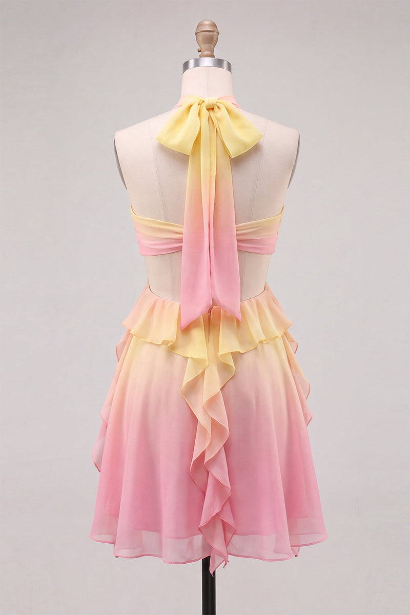 Laden Sie das Bild in den Galerie-Viewer, Gelbes und pinkes A-Linien-Chiffon mit Rüschen und Halterhals-Homecoming-Kleid mit 3D-Blume
