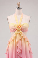 Laden Sie das Bild in den Galerie-Viewer, Gelbes und pinkes A-Linien-Chiffon mit Rüschen und Halterhals-Homecoming-Kleid mit 3D-Blume