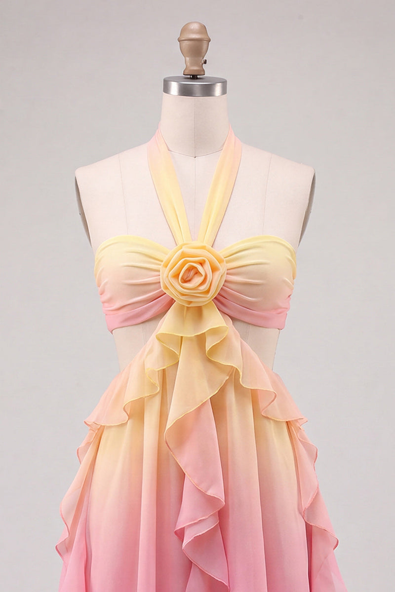Laden Sie das Bild in den Galerie-Viewer, Gelbes und pinkes A-Linien-Chiffon mit Rüschen und Halterhals-Homecoming-Kleid mit 3D-Blume