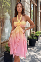 Laden Sie das Bild in den Galerie-Viewer, Gelbes und pinkes A-Linien-Chiffon mit Rüschen und Halterhals-Homecoming-Kleid mit 3D-Blume