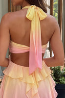 Laden Sie das Bild in den Galerie-Viewer, Gelbes und pinkes A-Linien-Chiffon mit Rüschen und Halterhals-Homecoming-Kleid mit 3D-Blume