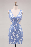 Laden Sie das Bild in den Galerie-Viewer, Blaue Pailletten, V-Ausschnitt enges Homecoming-Kleid
