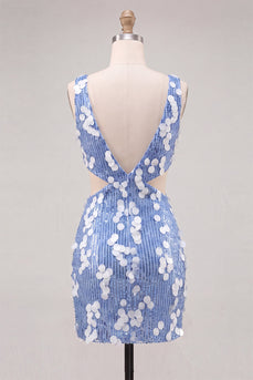 Blaues Pailletten V-Ausschnitt Enges Kurzes Abendkleid