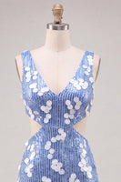 Laden Sie das Bild in den Galerie-Viewer, Blaue Pailletten, V-Ausschnitt enges Homecoming-Kleid
