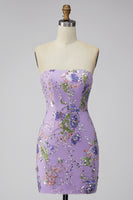 Laden Sie das Bild in den Galerie-Viewer, Rosa Bodycon Trägerloses Blumen Pailletten Kurzes Abendkleid