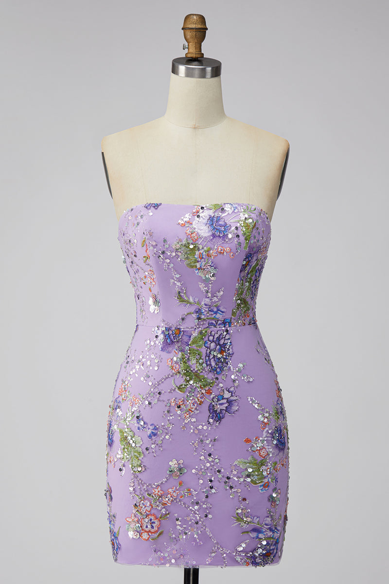 Laden Sie das Bild in den Galerie-Viewer, Rosa Bodycon Trägerloses Blumen Pailletten Kurzes Abendkleid