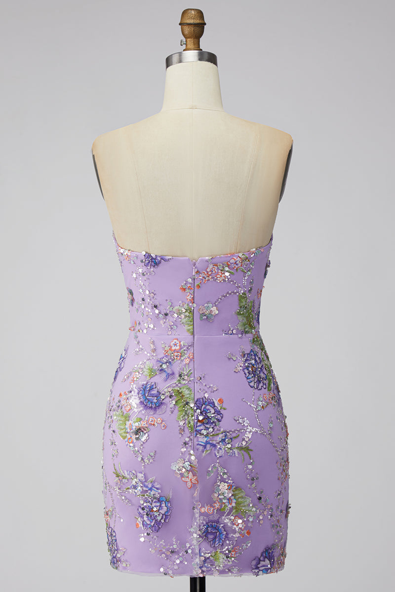 Laden Sie das Bild in den Galerie-Viewer, Rosa Bodycon Trägerloses Blumen Pailletten Kurzes Abendkleid