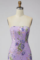 Laden Sie das Bild in den Galerie-Viewer, Rosa Bodycon Trägerloses Blumen Pailletten Kurzes Abendkleid