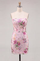 Laden Sie das Bild in den Galerie-Viewer, Rosa Bodycon Trägerloses Blumenpailletten-Homecoming-Kleid