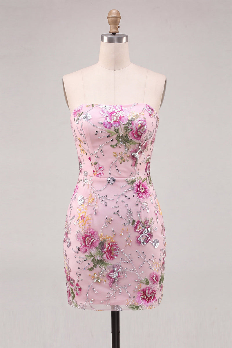 Laden Sie das Bild in den Galerie-Viewer, Rosa Bodycon Trägerloses Blumenpailletten-Homecoming-Kleid