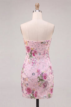 Rosa Bodycon Trägerloses Blumen Pailletten Kurzes Abendkleid