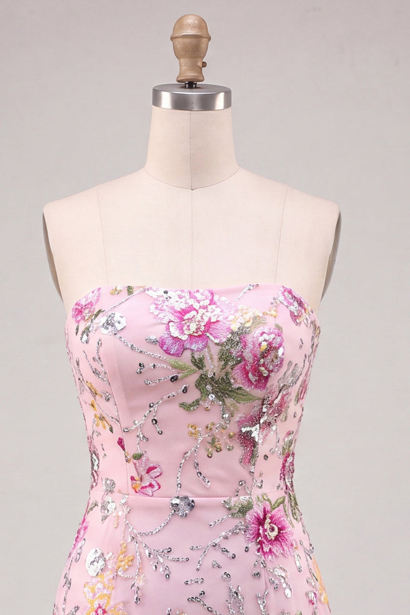 Laden Sie das Bild in den Galerie-Viewer, Rosa Bodycon Trägerloses Blumenpailletten-Homecoming-Kleid