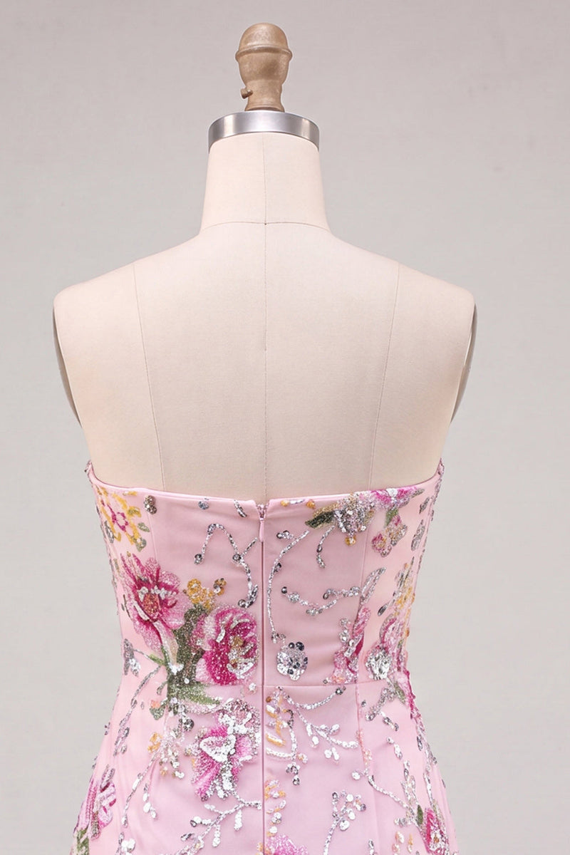 Laden Sie das Bild in den Galerie-Viewer, Rosa Bodycon Trägerloses Blumenpailletten-Homecoming-Kleid