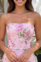 Laden Sie das Bild in den Galerie-Viewer, Rosa Bodycon Trägerloses Blumenpailletten-Homecoming-Kleid