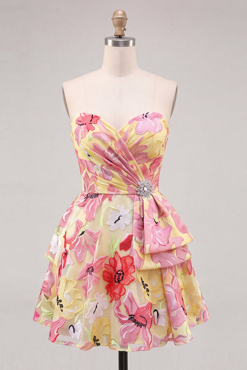 Laden Sie das Bild in den Galerie-Viewer, Rosa A-Linie Sweetheart Sweetheart Flower, gerafftes Homecoming-Kleid mit Perlen