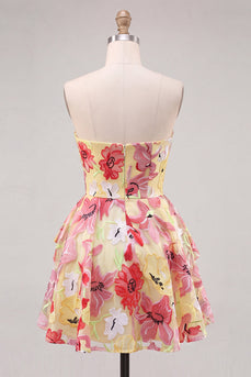 Rosa A-Linie Sweetheart Blumen Gerafftes Kurzes Abendkleid mit Strass