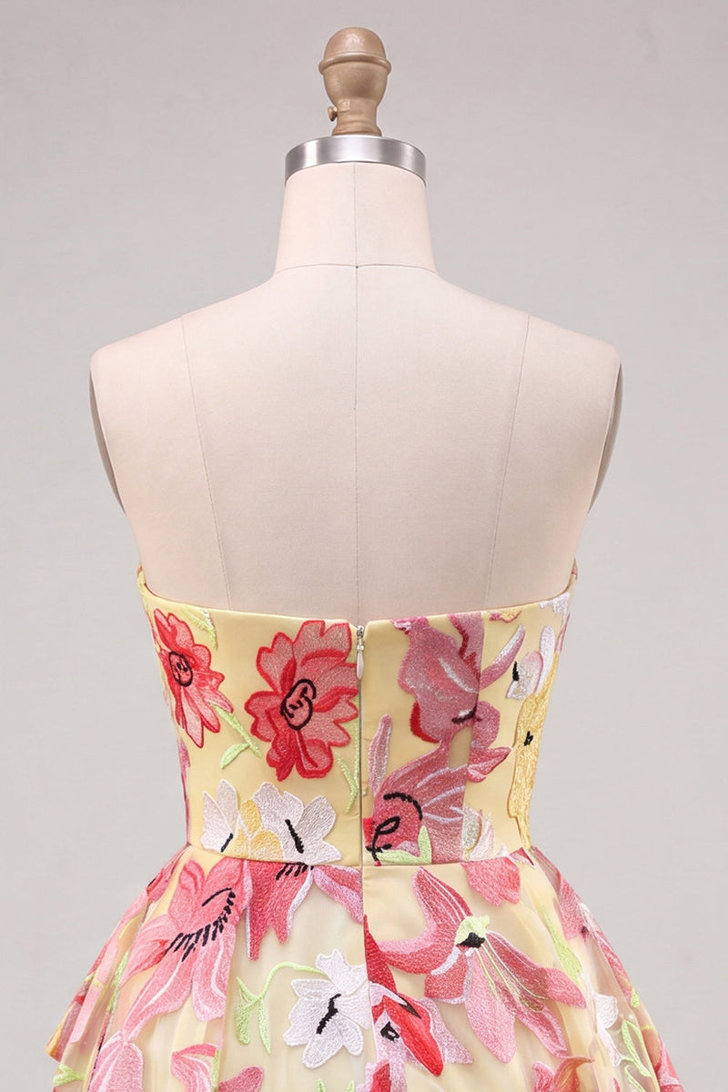 Laden Sie das Bild in den Galerie-Viewer, Rosa A-Linie Sweetheart Sweetheart Flower, gerafftes Homecoming-Kleid mit Perlen