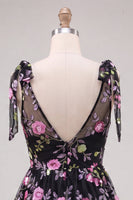 Laden Sie das Bild in den Galerie-Viewer, A-Linie schwarzes V-Ausschnitt Blumenpailletten-Homecoming-Kleid