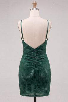 Dunkelgrünes Bodycon Gerafftes Spaghettiträger Strass Kurzes Abendkleid mit Schlitz