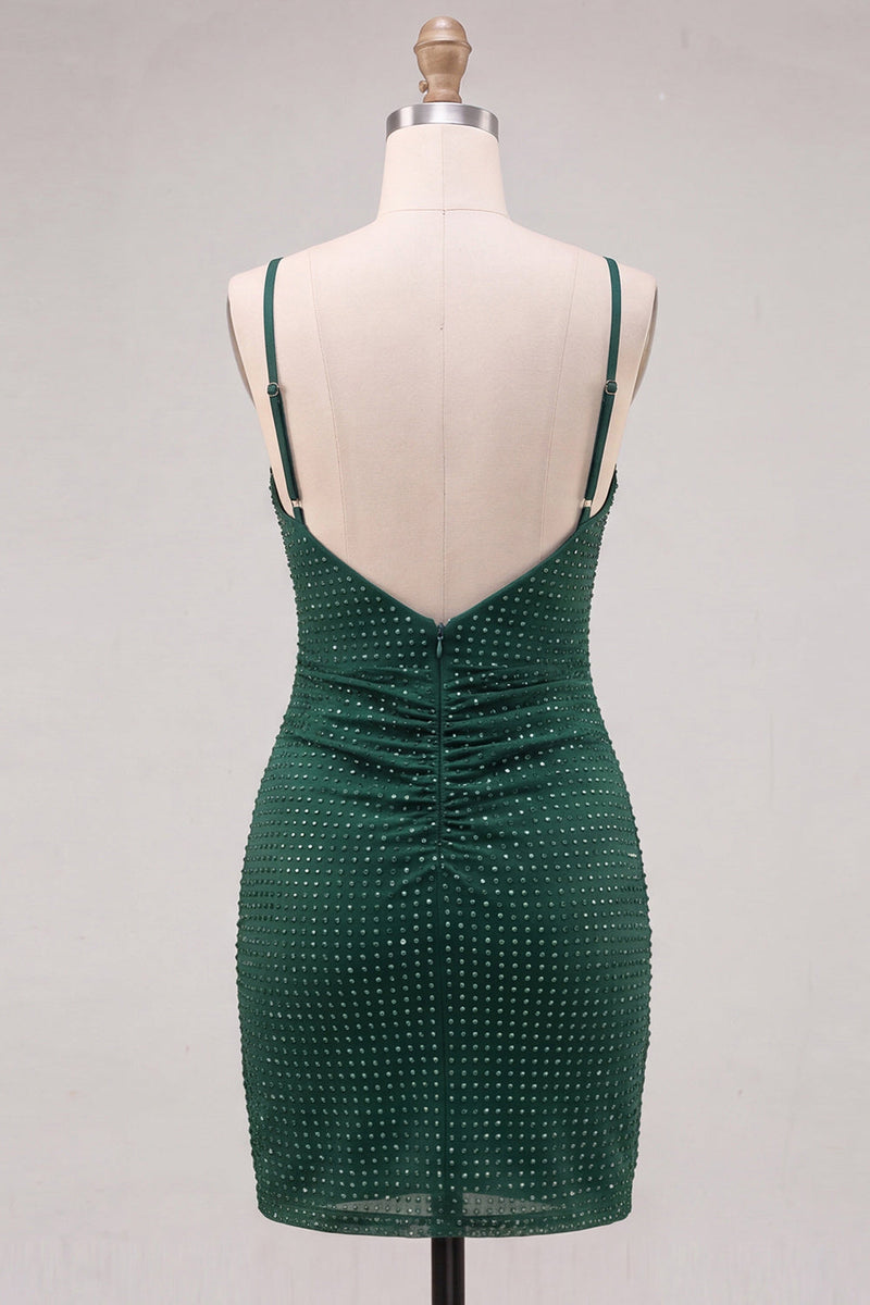 Laden Sie das Bild in den Galerie-Viewer, Dunkelgrünes Bodycon mit gerafften Spaghettiträgern und Perlen-Homecoming-Kleid mit Schlitz