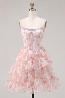 Laden Sie das Bild in den Galerie-Viewer, A-Line pinkes Sweetheart-Korsett, gestuftes, rüschendes Blumen-Homecoming-Kleid mit Spitze auf dem Rücken