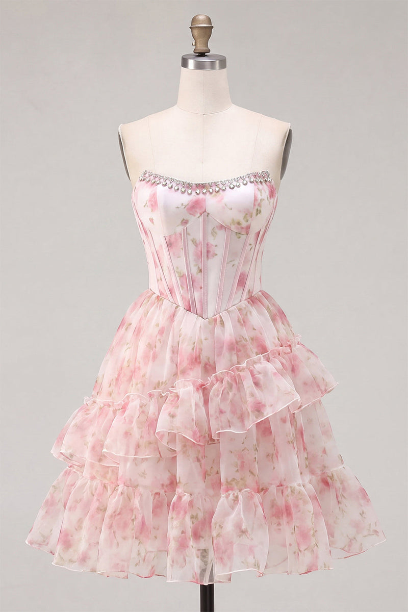 Laden Sie das Bild in den Galerie-Viewer, A-Line pinkes Sweetheart-Korsett, gestuftes, rüschendes Blumen-Homecoming-Kleid mit Spitze auf dem Rücken