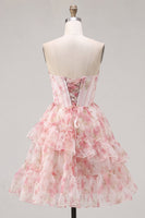 Laden Sie das Bild in den Galerie-Viewer, A-Line pinkes Sweetheart-Korsett, gestuftes, rüschendes Blumen-Homecoming-Kleid mit Spitze auf dem Rücken