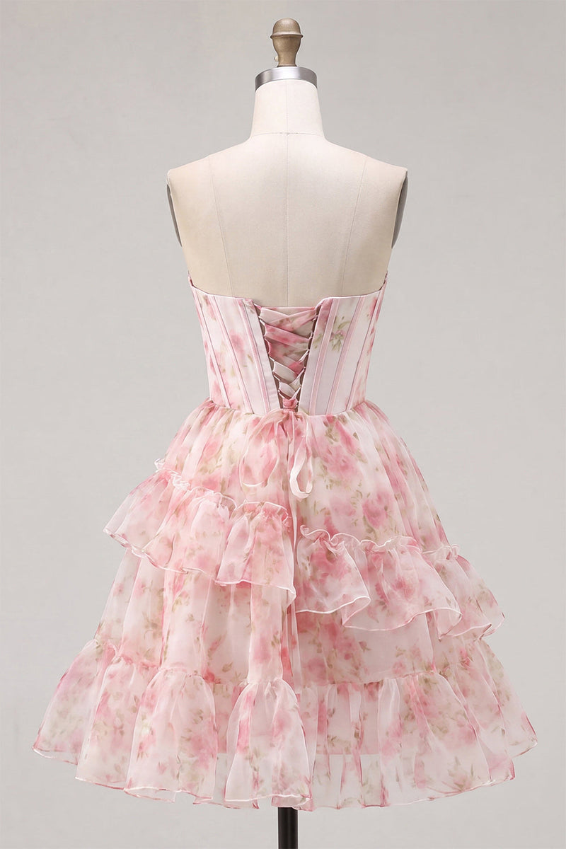 Laden Sie das Bild in den Galerie-Viewer, A-Line pinkes Sweetheart-Korsett, gestuftes, rüschendes Blumen-Homecoming-Kleid mit Spitze auf dem Rücken