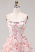 Laden Sie das Bild in den Galerie-Viewer, A-Line pinkes Sweetheart-Korsett, gestuftes, rüschendes Blumen-Homecoming-Kleid mit Spitze auf dem Rücken