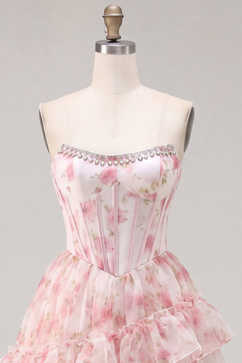 Laden Sie das Bild in den Galerie-Viewer, A-Line pinkes Sweetheart-Korsett, gestuftes, rüschendes Blumen-Homecoming-Kleid mit Spitze auf dem Rücken