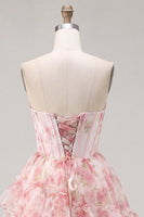 Laden Sie das Bild in den Galerie-Viewer, A-Line pinkes Sweetheart-Korsett, gestuftes, rüschendes Blumen-Homecoming-Kleid mit Spitze auf dem Rücken
