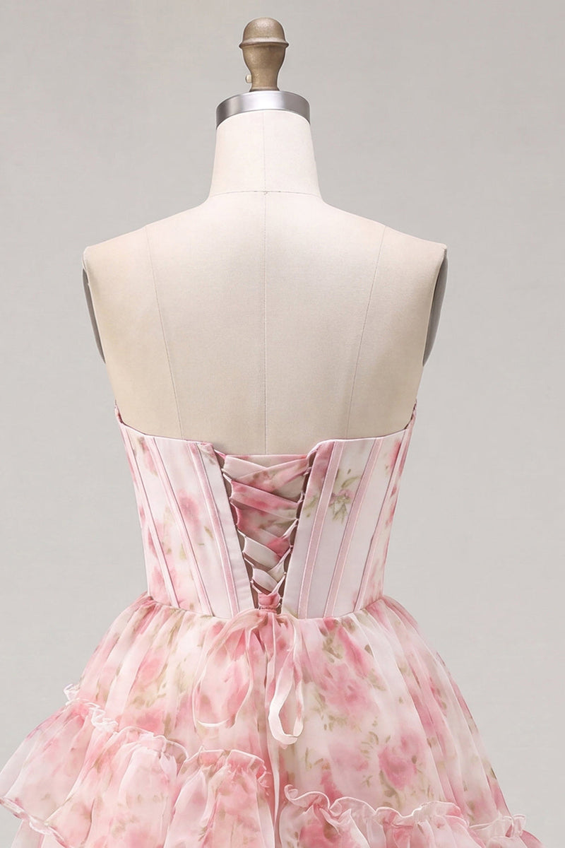 Laden Sie das Bild in den Galerie-Viewer, A-Line pinkes Sweetheart-Korsett, gestuftes, rüschendes Blumen-Homecoming-Kleid mit Spitze auf dem Rücken