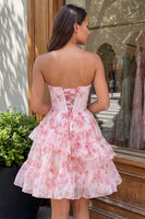Laden Sie das Bild in den Galerie-Viewer, A-Line pinkes Sweetheart-Korsett, gestuftes, rüschendes Blumen-Homecoming-Kleid mit Spitze auf dem Rücken
