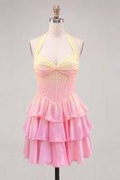 Laden Sie das Bild in den Galerie-Viewer, A-Linie gelbes und pinkes Neckholder-Korsett, gestuftes Chiffon-Homecoming-Kleid