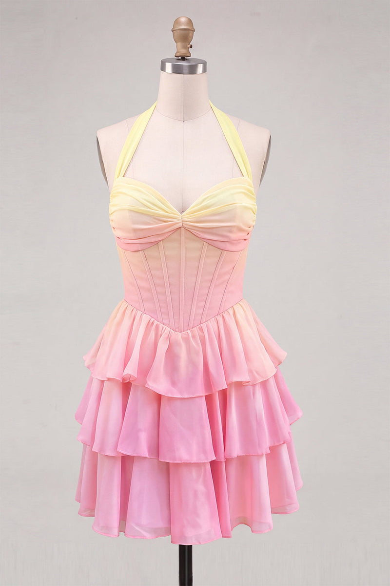Laden Sie das Bild in den Galerie-Viewer, A-Linie gelbes und pinkes Neckholder-Korsett, gestuftes Chiffon-Homecoming-Kleid