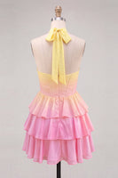 Laden Sie das Bild in den Galerie-Viewer, A-Linie gelbes und pinkes Neckholder-Korsett, gestuftes Chiffon-Homecoming-Kleid