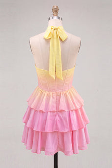 A-Linie Gelbes und Rosa Neckholder Korsett Gestuftes Chiffon Kurzes Abendkleid