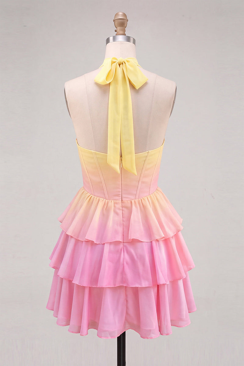 Laden Sie das Bild in den Galerie-Viewer, A-Linie gelbes und pinkes Neckholder-Korsett, gestuftes Chiffon-Homecoming-Kleid