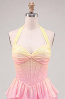 Laden Sie das Bild in den Galerie-Viewer, A-Linie gelbes und pinkes Neckholder-Korsett, gestuftes Chiffon-Homecoming-Kleid