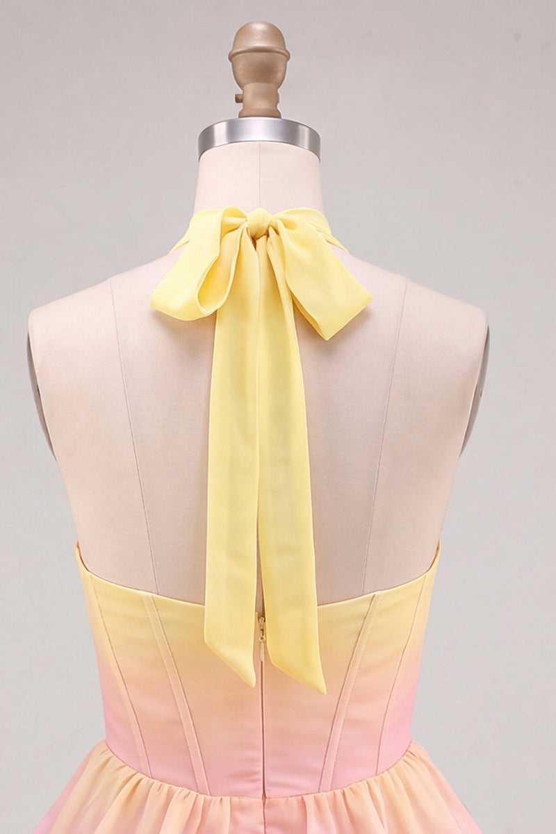 Laden Sie das Bild in den Galerie-Viewer, A-Linie gelbes und pinkes Neckholder-Korsett, gestuftes Chiffon-Homecoming-Kleid