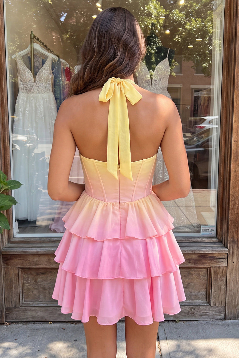 Laden Sie das Bild in den Galerie-Viewer, A-Linie gelbes und pinkes Neckholder-Korsett, gestuftes Chiffon-Homecoming-Kleid