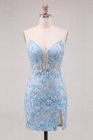 Laden Sie das Bild in den Galerie-Viewer, Himmelblaues Sweetheart-Korsett, blumig-applikiertes enges Homecoming-Kleid mit Schlitz