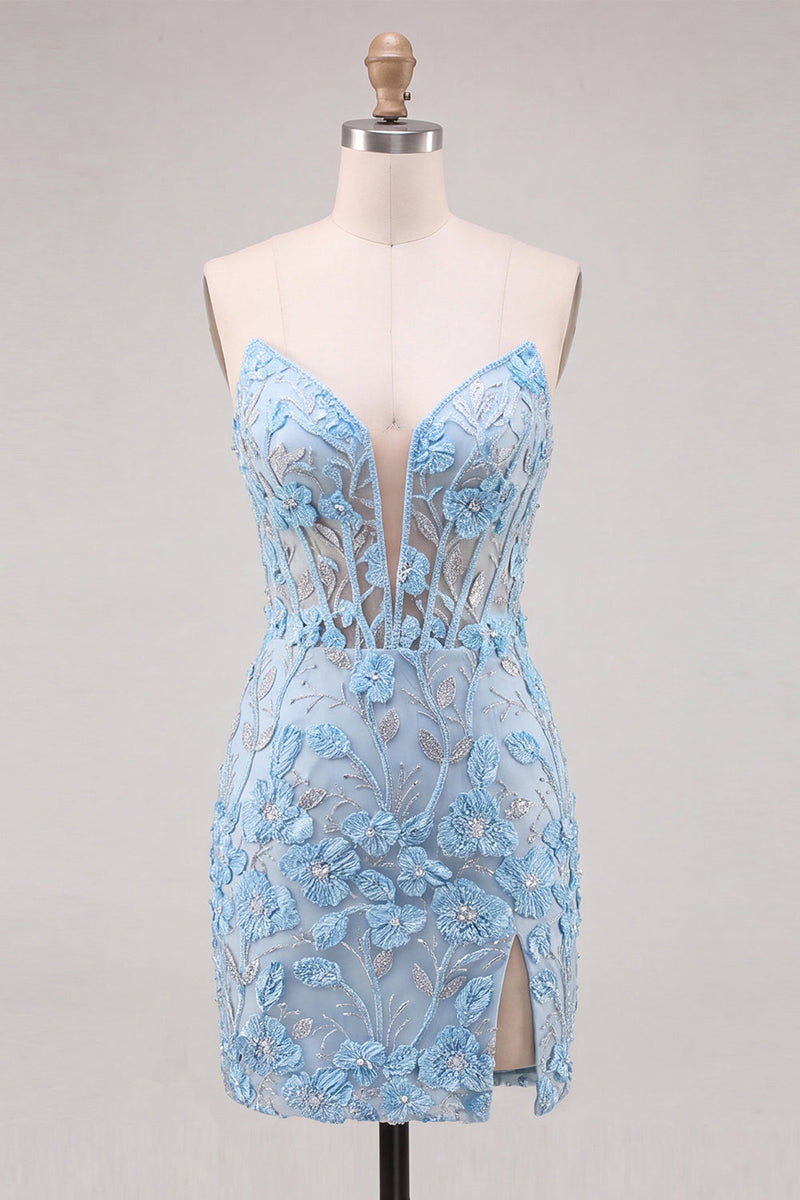 Laden Sie das Bild in den Galerie-Viewer, Himmelblaues Sweetheart-Korsett, blumig-applikiertes enges Homecoming-Kleid mit Schlitz
