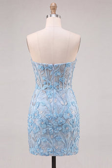 Himmelblaues Sweetheart Korsett Blumig Applikiertes Enges Kurzes Abendkleid mit Schlitz