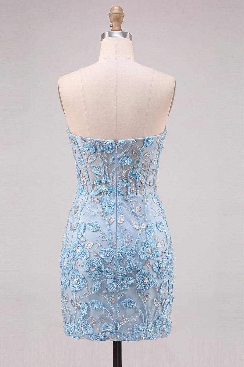 Laden Sie das Bild in den Galerie-Viewer, Himmelblaues Sweetheart-Korsett, blumig-applikiertes enges Homecoming-Kleid mit Schlitz
